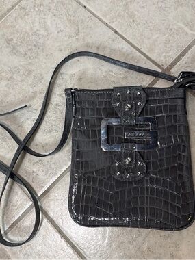 Guess Black Croc-Embossed Crossbody with Logo Buckle